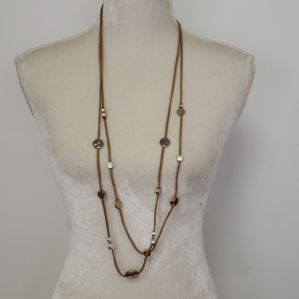 DOUBLE Necklace Leather & Hammered Medallions Gold & Silver